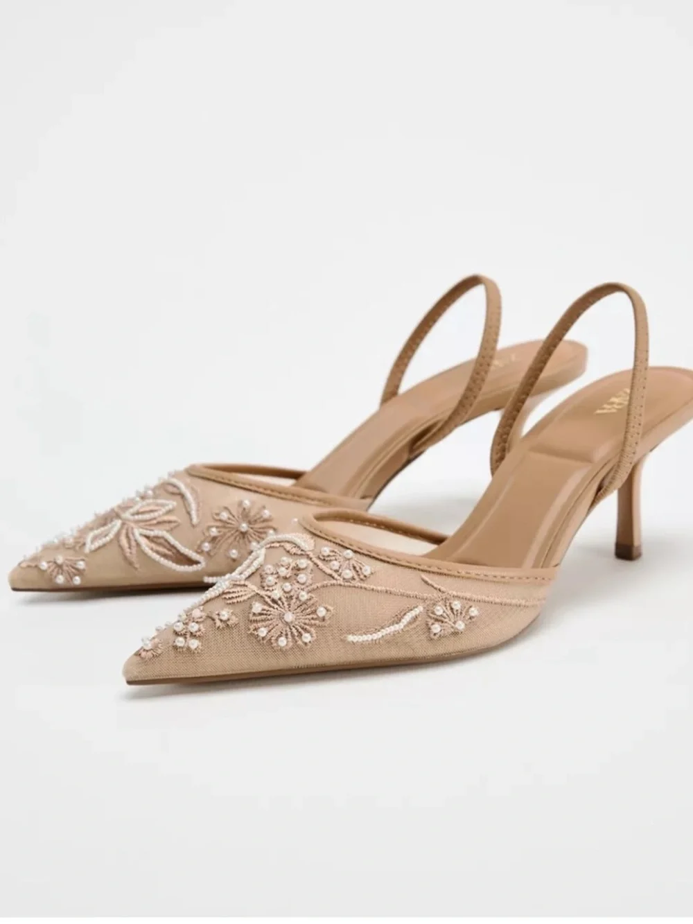 Zara tan embroidered & beaded mesh sling-back heels. 10 NWT